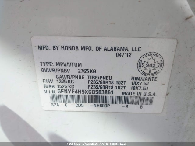 Продаж на аукціоні авто 2012 Honda Pilot Touring, vin: 5FNYF4H9XCB503861, номер лоту: 12664323
