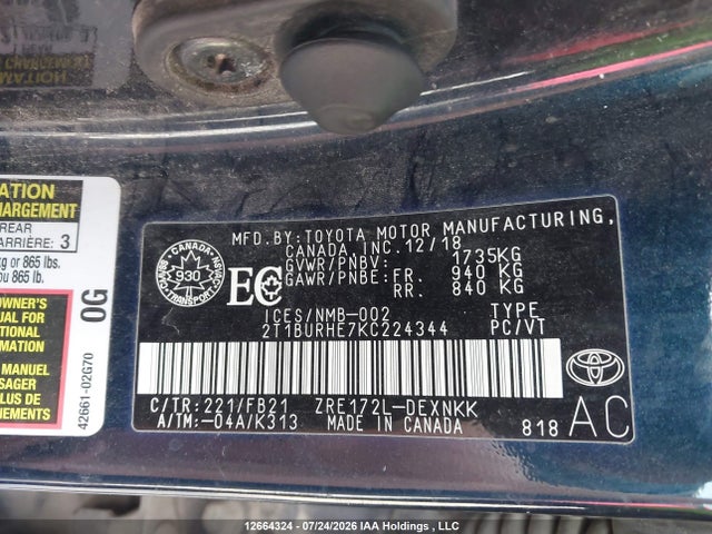 Продаж на аукціоні авто 2019 Toyota Corolla Le, vin: 2T1BURHE7KC224344, номер лоту: 12664324