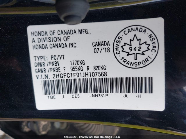 Продажа на аукционе авто 2018 Honda Civic Touring, vin: 2HGFC1F91JH107568, номер лота: 12664329