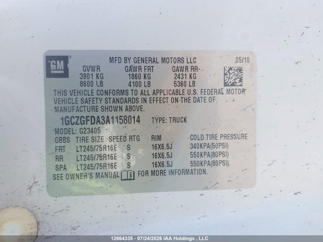 12664335 :رقم المزاد ، 1GCZGFDA3A1158014 vin ، 2010 Chevrolet Express 2500 Work Van مزاد بيع