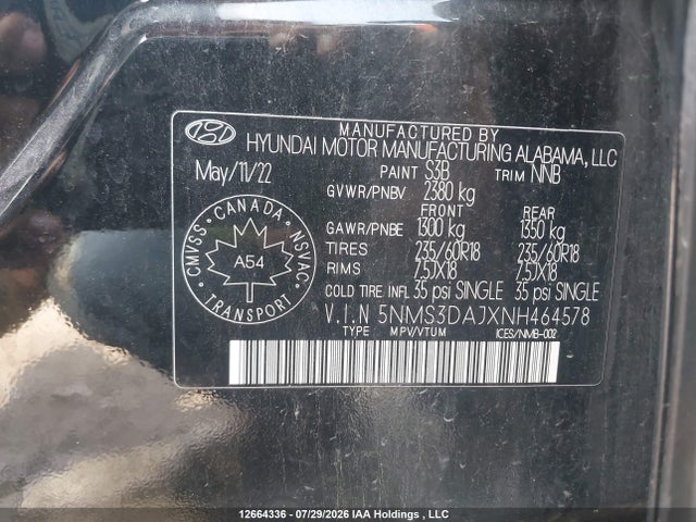 Продажа на аукционе авто 2022 Hyundai Santa Fe Preferred Awd With Trend Package, vin: 5NMS3DAJXNH464578, номер лота: 12664336
