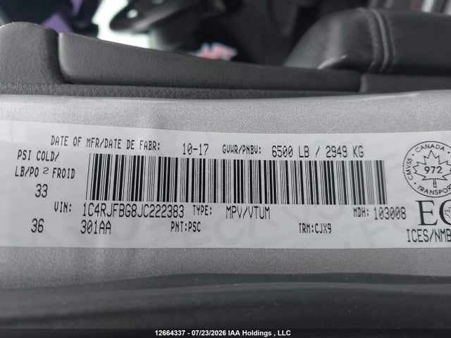 Продаж на аукціоні авто 2018 Jeep Grand Cherokee Limited, vin: 1C4RJFBG8JC222383, номер лоту: 12664337