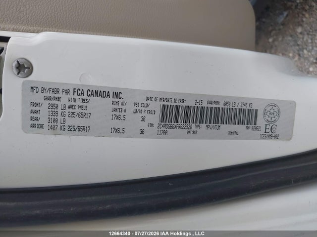 Aukcja sprzedaży 2015 Dodge Grand Caravan Se, vin: 2C4RDGBGXFR622926, numer aukcji: 12664340