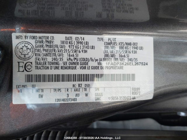 2014 Ford Focus Se მანქანა იყიდება აუქციონზე, vin: 1FADP3K26EL267524, აუქციონის ნომერი: 12664358