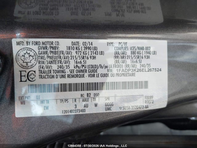 2014 Ford Focus Se მანქანა იყიდება აუქციონზე, vin: 1FADP3K26EL267524, აუქციონის ნომერი: 12664358