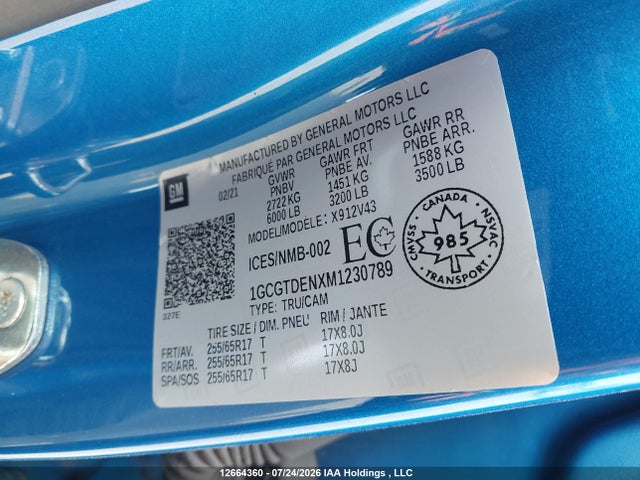 Продаж на аукціоні авто 2021 Chevrolet Colorado Z71, vin: 1GCGTDENXM1230789, номер лоту: 12664360