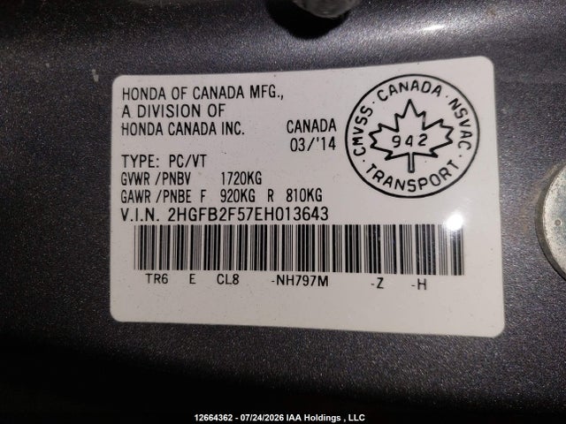 Honda Civic Lx 2014 2HGFB2F57EH013643 Image 9