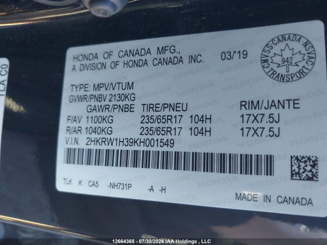 Продажа на аукционе авто 2019 Honda Cr-v Lx, vin: 2HKRW1H39KH001549, номер лота: 12664365