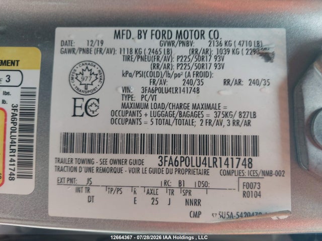 12664367 :رقم المزاد ، 3FA6P0LU4LR141748 vin ، 2020 Ford Fusion Se مزاد بيع