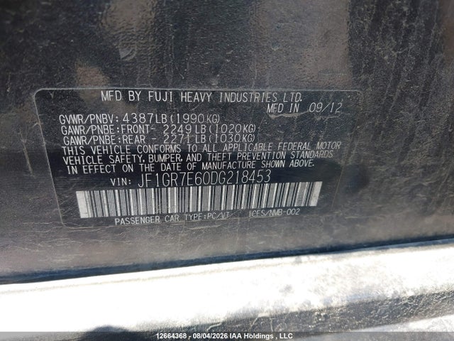 Продажа на аукционе авто 2013 Subaru Impreza Wrx, vin: JF1GR7E60DG218453, номер лота: 12664368