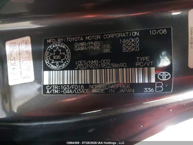 Aukcja sprzedaży 2009 Toyota Yaris, vin: JTDJT923195238690, numer aukcji: 12664369