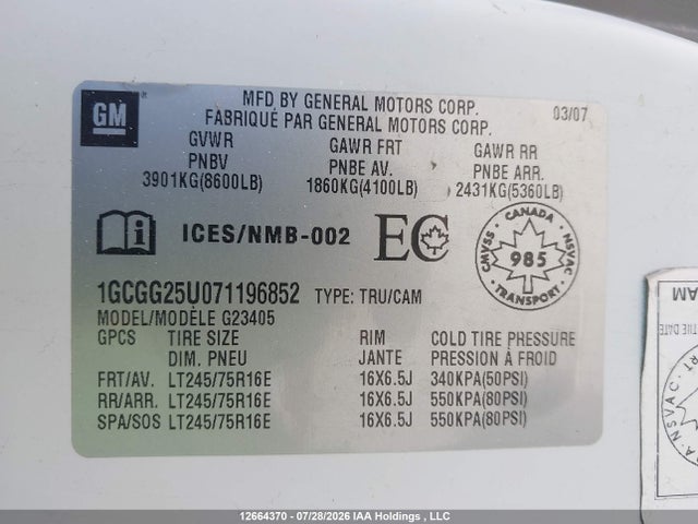 Продажа на аукционе авто 2007 Chevrolet Express G2500, vin: 1GCGG25U071196852, номер лота: 12664370