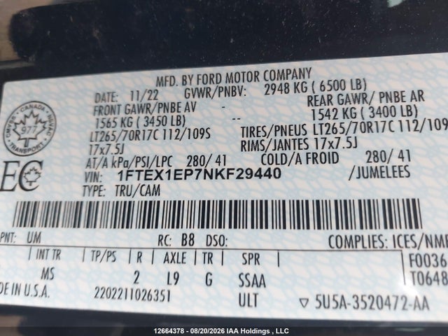 Продажа на аукционе авто 2022 Ford F-150, vin: 1FTEX1EP7NKF29440, номер лота: 12664378