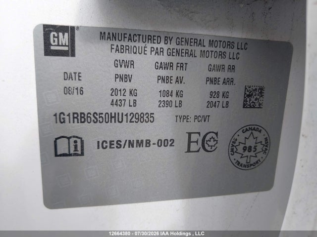 Aukcja sprzedaży 2017 Chevrolet Volt Premier, vin: 1G1RB6S50HU129835, numer aukcji: 12664380