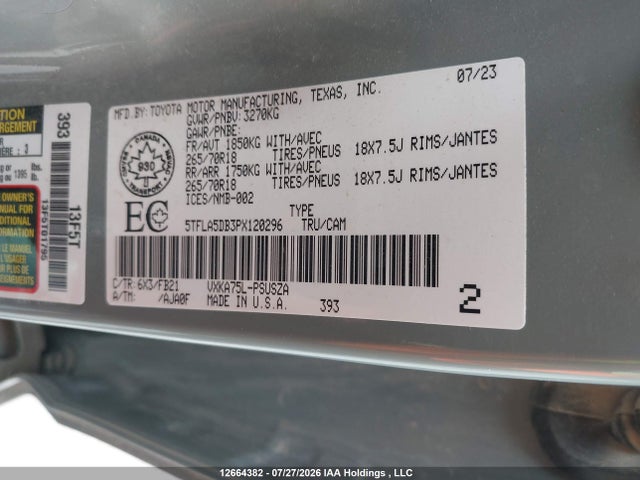 2023 Toyota Tundra მანქანა იყიდება აუქციონზე, vin: 5TFLA5DB3PX120296, აუქციონის ნომერი: 12664382