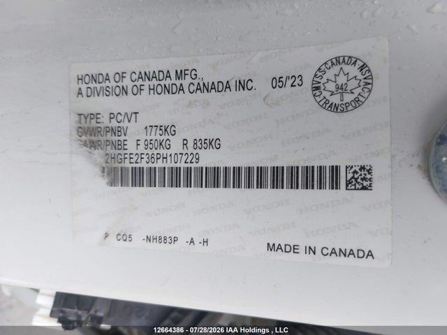 2023 Honda Civic მანქანა იყიდება აუქციონზე, vin: 2HGFE2F36PH107229, აუქციონის ნომერი: 12664386