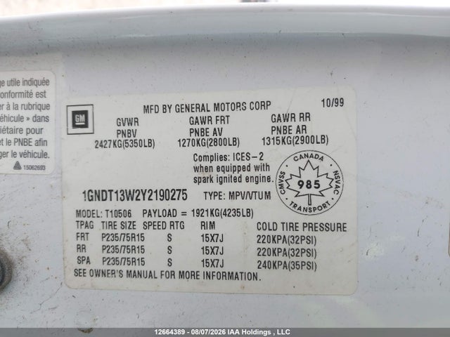 Продаж на аукціоні авто 2000 Chevrolet Blazer Lt/trailblazer/trailblazer W/onstar, vin: 1GNDT13W2Y2190275, номер лоту: 12664389