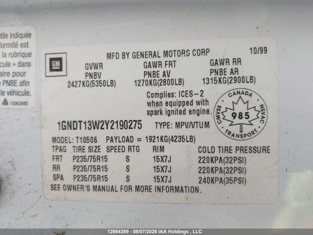 Продаж на аукціоні авто 2000 Chevrolet Blazer Lt/trailblazer/trailblazer W/onstar, vin: 1GNDT13W2Y2190275, номер лоту: 12664389