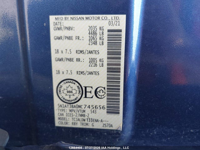 Nissan ROGUE SV 2021 5N1AT3BA0MC745656 Image 9