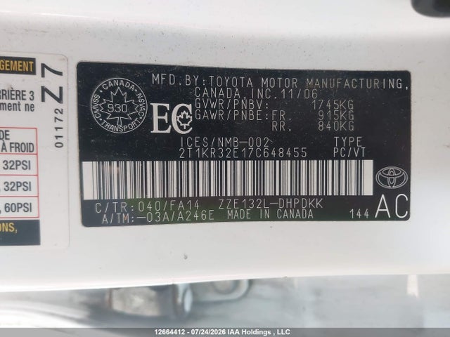 2007 Toyota Matrix Wagon მანქანა იყიდება აუქციონზე, vin: 2T1KR32E17C648455, აუქციონის ნომერი: 12664412