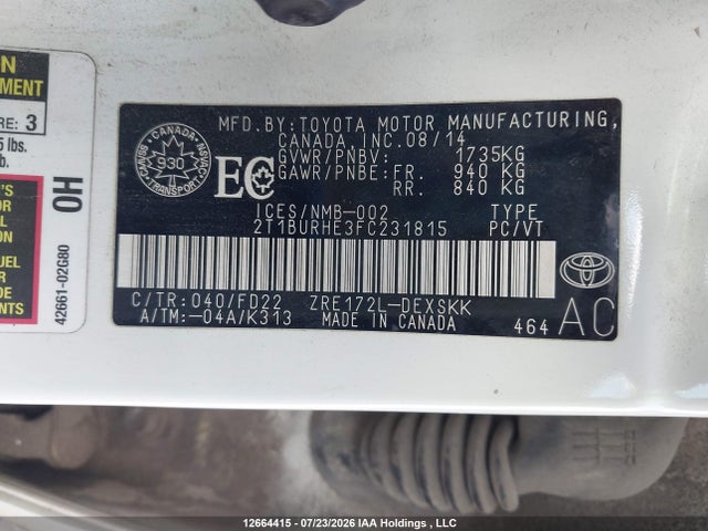 Aukcja sprzedaży 2015 Toyota Corolla L/le/le Pls/prm/s/s Pls, vin: 2T1BURHE3FC231815, numer aukcji: 12664415