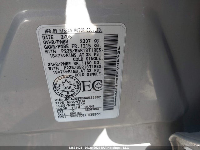 Продаж на аукціоні авто 2006 Nissan Murano Sl/se/s, vin: JN8AZ08W66W533662, номер лоту: 12664421