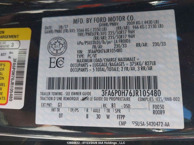 3FA6P0H76JR105480 Ford FUSION SE