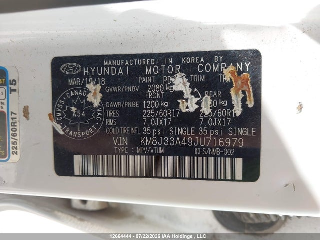 12664444 :رقم المزاد ، KM8J33A49JU716979 vin ، 2018 Hyundai Tucson Limited/sport And Eco/se مزاد بيع