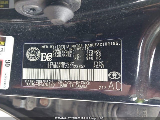 Продаж на аукціоні авто 2018 Toyota Corolla L/le/xle/se/xse, vin: 2T1BURHE7JC123657, номер лоту: 12664448
