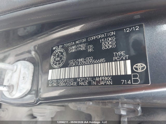 12596211 :رقم المزاد ، JTDKTUD35DD556685 vin ، 2013 Toyota Yaris Le مزاد بيع