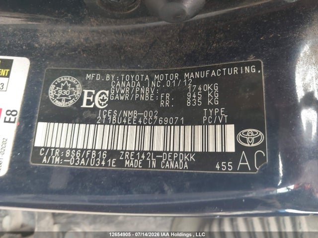 Продаж на аукціоні авто 2012 Toyota Corolla Ce, vin: 2T1BU4EE4CC769071, номер лоту: 12654905