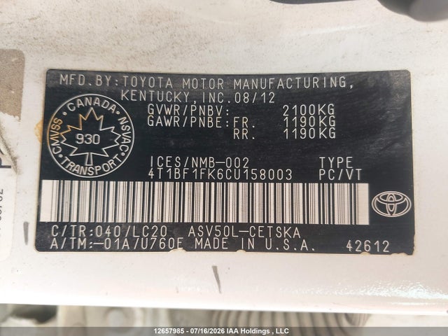 12657985 :رقم المزاد ، 4T1BF1FK6CU158003 vin ، 2012 Toyota Camry Se مزاد بيع