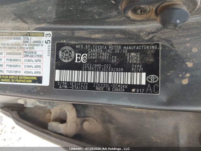 Aukcja sprzedaży 2006 Toyota Corolla Ce/le/s, vin: 2T1BR32E36C692908, numer aukcji: 12664451
