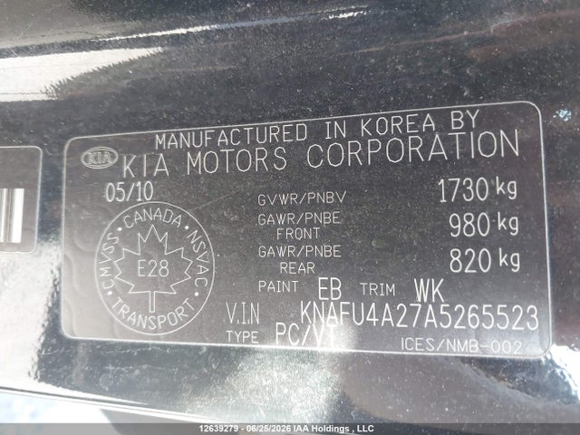 12639279 :رقم المزاد ، KNAFU4A27A5265523 vin ، 2010 Kia Forte 2.0l Ex مزاد بيع
