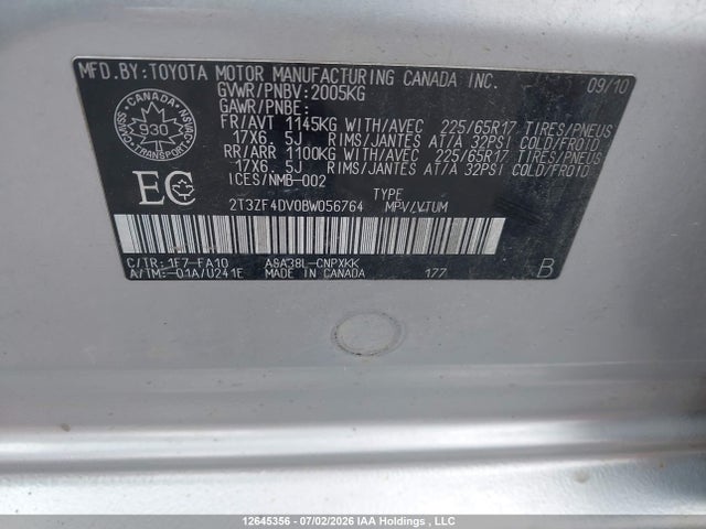 Продаж на аукціоні авто 2011 Toyota Rav4, vin: 2T3ZF4DV0BW056764, номер лоту: 12645356