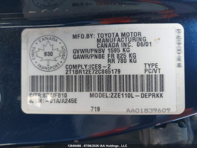 Продажа на аукционе авто 2002 Toyota Corolla Ce/le/sport, vin: 2T1BR12E72C865179, номер лота: 12648466