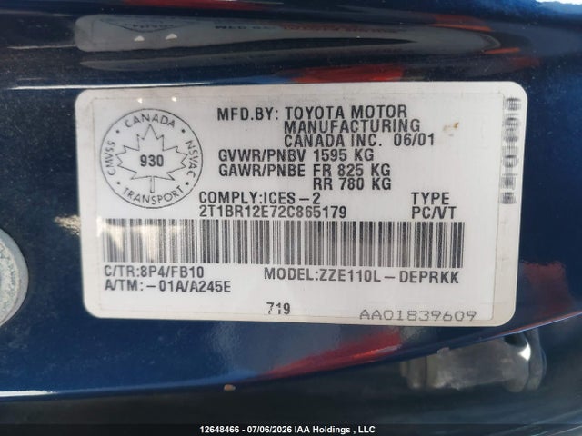 Продажа на аукционе авто 2002 Toyota Corolla Ce/le/sport, vin: 2T1BR12E72C865179, номер лота: 12648466