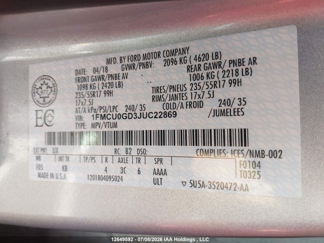 Ford ESCAPE SE 2018 1FMCU0GD3JUC22869 Image 9