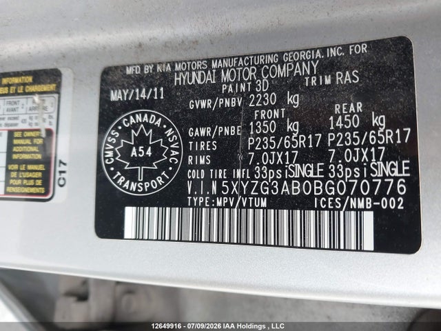 12649916 :رقم المزاد ، 5XYZG3AB0BG070776 vin ، 2011 Hyundai Santa Fe Gl 2.4 مزاد بيع
