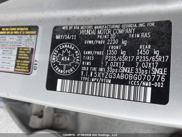 12649916 :رقم المزاد ، 5XYZG3AB0BG070776 vin ، 2011 Hyundai Santa Fe Gl 2.4 مزاد بيع