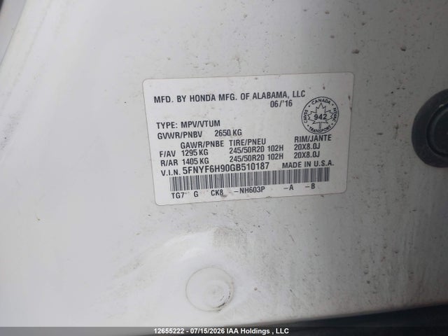 Honda Pilot Touring 2016 5FNYF6H90GB510187 Image 9