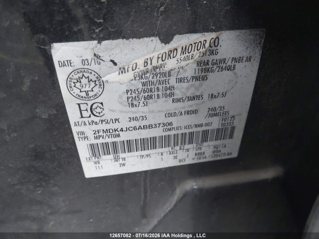 12657082 :رقم المزاد ، 2FMDK4JC6ABB37306 vin ، 2010 Ford Edge Sel مزاد بيع
