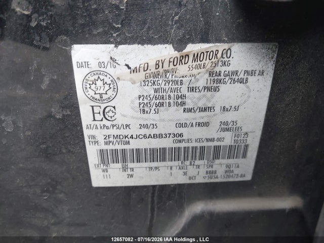 2010 Ford Edge Sel მანქანა იყიდება აუქციონზე, vin: 2FMDK4JC6ABB37306, აუქციონის ნომერი: 12657082
