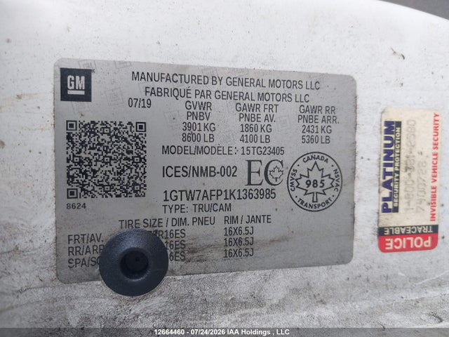 Продаж на аукціоні авто 2019 Gmc Savana G2500, vin: 1GTW7AFP1K1363985, номер лоту: 12664460