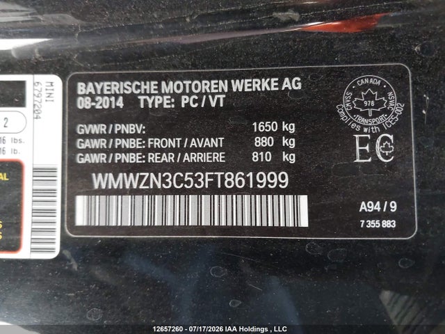 2015 Mini Convertible Cooper მანქანა იყიდება აუქციონზე, vin: WMWZN3C53FT861999, აუქციონის ნომერი: 12657260