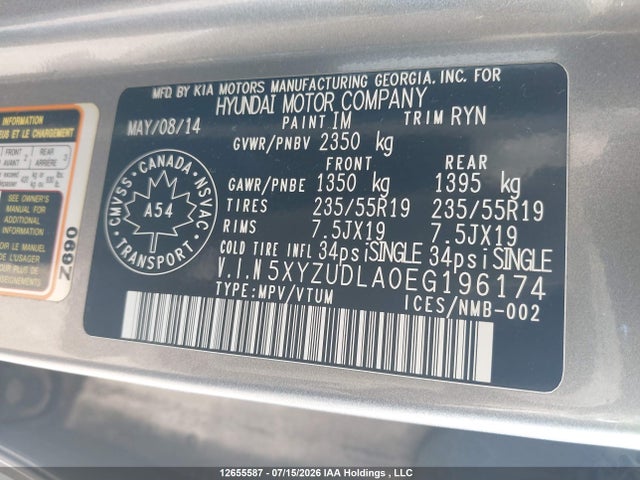 Aukcja sprzedaży 2014 Hyundai Santa Fe Sport 2.0t Se, vin: 5XYZUDLA0EG196174, numer aukcji: 12655587