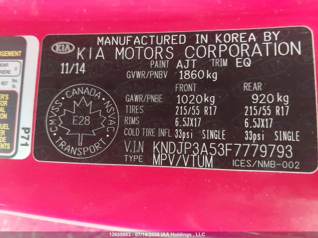 12655953 :رقم المزاد ، KNDJP3A53F7779793 vin ، 2015 Kia Soul Ex/ex+/ex+ Eco مزاد بيع