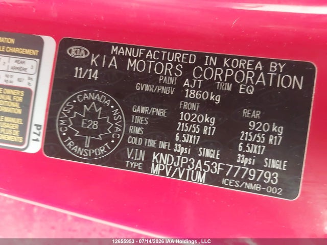 12655953 :رقم المزاد ، KNDJP3A53F7779793 vin ، 2015 Kia Soul Ex/ex+/ex+ Eco مزاد بيع