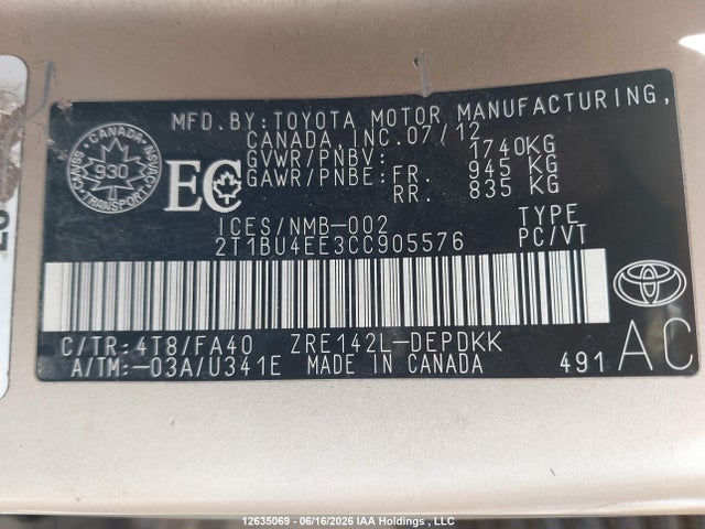Продаж на аукціоні авто 2012 Toyota Corolla Ce, vin: 2T1BU4EE3CC905576, номер лоту: 12635069