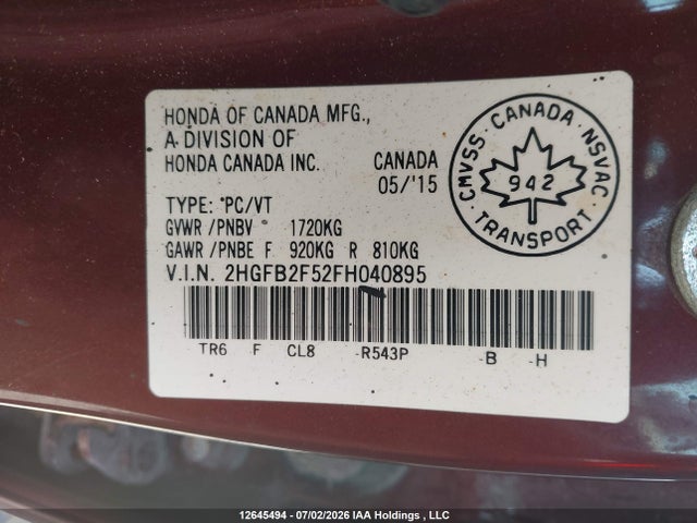 Продажа на аукционе авто 2015 Honda Civic Ex, vin: 2HGFB2F52FH040895, номер лота: 12645494